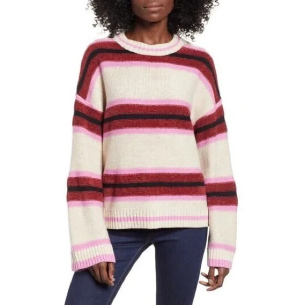 BP Women's Long Sleeve Peppy Sweater Beige Medium Heather Pink Striped Size M